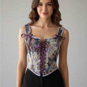 Floral Tapestry Corset Top Lace Up Bow Strap Bustier Lavender Trim Size S